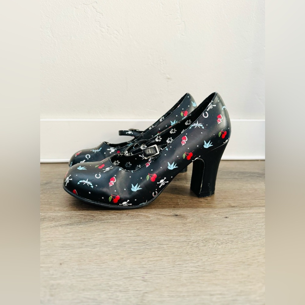 TUK Cherry Mary Jane Lady Luck Heels. Cherries, skulls, hearts, horse shoes